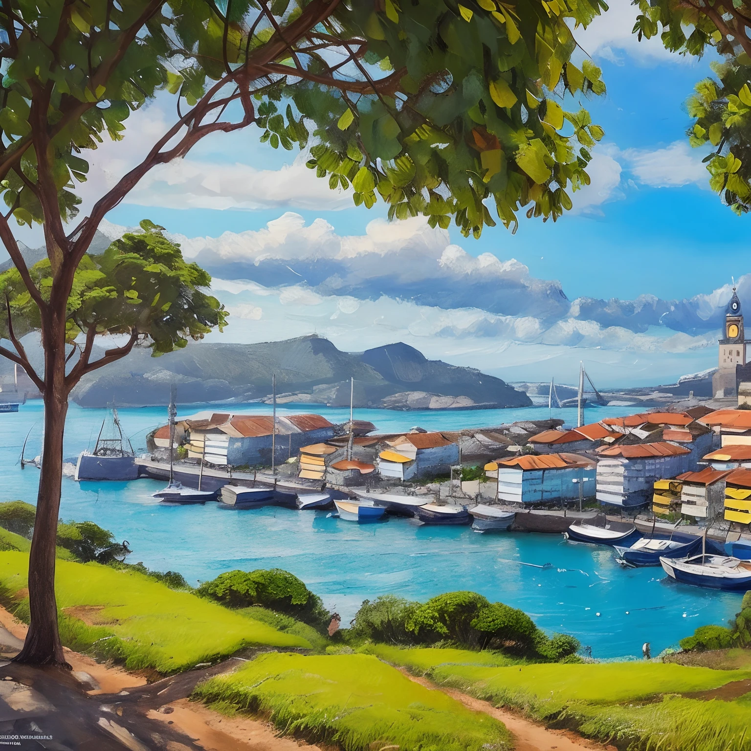 painting of a 18 Brazilian coastal town on an island, State&#39;s capital,Illustration medium,detailed cityscape,beautifully rendered sea waves,arquitetura impressionante,majestic palm trees,busy city life,Colorful market stalls,authentic local atmosphere,vivid colors,sunlit streets,glistening water,Seagulls in flight,bright blue sky,realistic city landscape,photorrealistic,high-resolution masterpiece,4k resolution,exquisite attention to detail,Unique Brazilian culture,rich history and heritage,diverse architecture,Colonial buildings,Magnificent Cathedral,Iconic lighthouse,Narrow cobbled streets, busy port, Boats docked in the harbor,pessoas alegres,residents dressed in traditional costumes,enlivening the scene with its vibrant spirit,local fishermen,Historical characters,animated street vendors,rhythmic sounds of samba,Floating market on the canal,cultural fusion of Portuguese and indigenous influences,amazing view from the point of view,Mood change in the sky and ocean,Romantic sunset over the city,soft, warm light illuminating the landscape,mix of old and new,modern skyscrapers that merge with historic buildings,Majestic statue welcoming visitors at the entrance to the city，Impressive mix of nature and urbanization,inspiring environment,unforgettable experience.