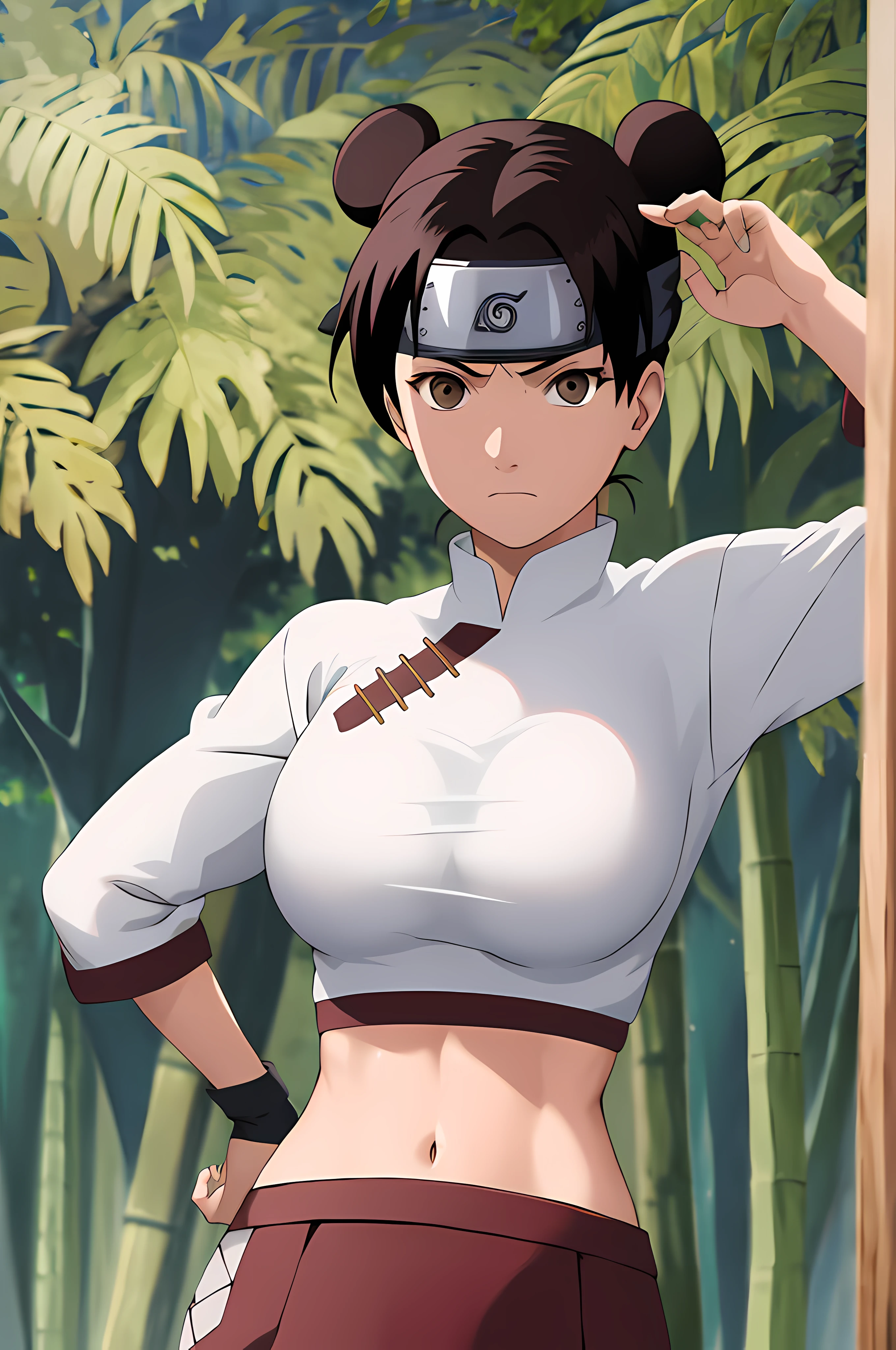 masterpiece, absurdres , (intricate details), (colorful),cinematic lighting,bust shot,extremely detailed CG unity 8k wallpaper,tenten\(shippuden\), 1girl, solo, yoga pants ,white crop top, medium breasts, hand on hip,forehead protector, konohagakure symbol, headband,  looking at viewer, outdoors, bamboo forest,  frown, (((large breasts)))