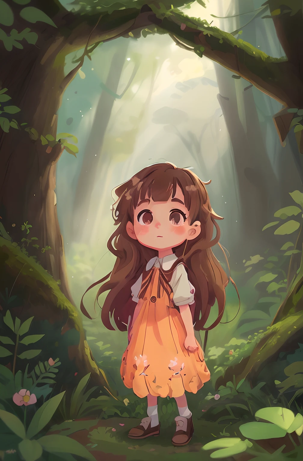 A girl in a yellow dress standing in a forest - SeaArt AI