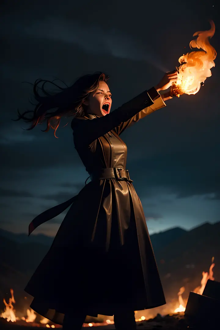 A woman who is an angry woman holding a flaming torch, screaming, background is dark sky with flames and smoke, mood is devastat...