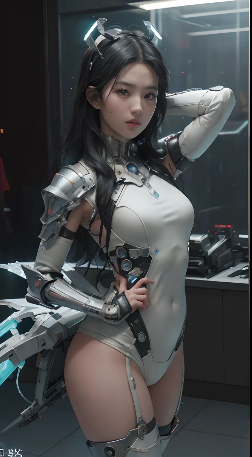 ((top-quality)), ((tmasterpiece)), ((hentail realism)), (detaileds), (Photorealsitic:1.5), Futuristic girl, jpn,(Thick body), (White bodysuit), 23years old,Lights on armor, Cybernetic headdress, Belly exposure,Looking at the camera, dynamicposes, scientific fiction, hdr, Ray traching, NVIDIA RTX, Hyper-Resolution, Unreal 5, Sub-surface scattering, PBR Texture, post-proces, Anisotropy Filtering, depth of fields, Maximum clarity and sharpness, the rule of thirds、8K raw data、(Luminous Particle:1.4)、(extremaly detailed cg、Unity 8k Wallpapers、。.3D、lighting like a movie、lense flares)、Reflectors、foco nítido、Cyberpunk art of a、Cyberpunk architecture、