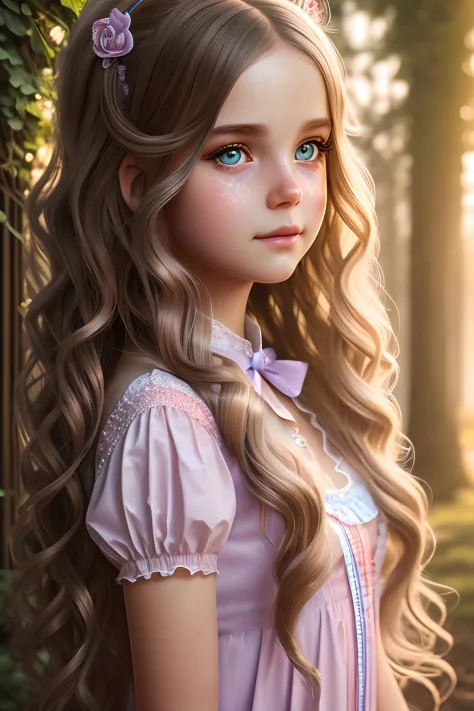 photography image of a cute alice in wonderland girl, long wavy hair, fantasy, photorealistic, symmetrical face, symmetrical eye...