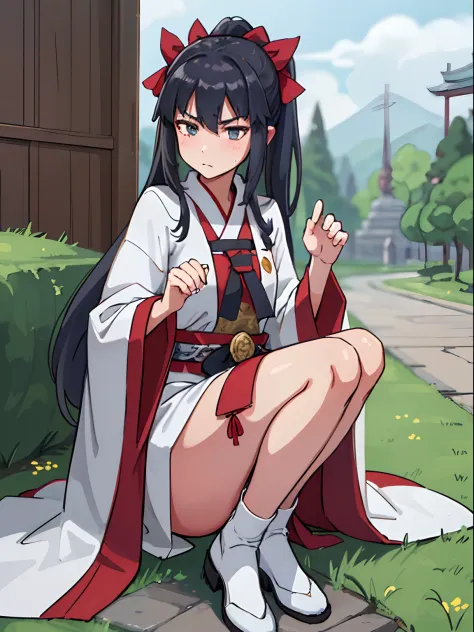 hiquality, tmasterpiece (One female priestess of Miko). Dark hair with a ponytail. indifferent face. gray eyes. The clothes: The white robe of the priestess. Tabi shoes. Against the backdrop of a street with grass and trees and a temple.
