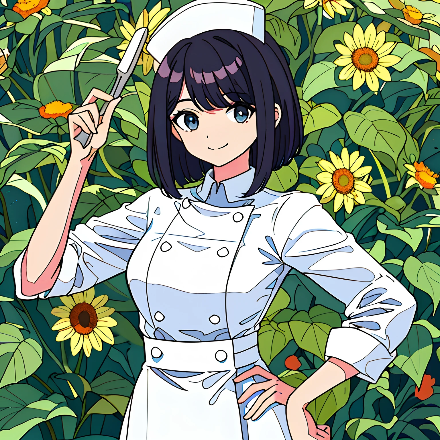 Masterpiece artwork, intricate-detail, best qualityer, captura de fully body, 1girl, Youngh, 12 years old, 独奏, fully body, mid hair, bangss, Bblack hair, slickedback hair, blue colored eyes, Girl standing, ssmile, cook uniform, Italian chef uniform, white uniform, from sideways, girl in profile olhando para o lado, garota from sideways, girl in profile, long sleeves, perfil, holding a spatula, Head Chef Hat,