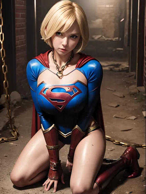 Short-haired Supergirl kneeling entangled in a rusty chain、large full breasts、Looking at the camera、Glossy costume、Tattered cost...