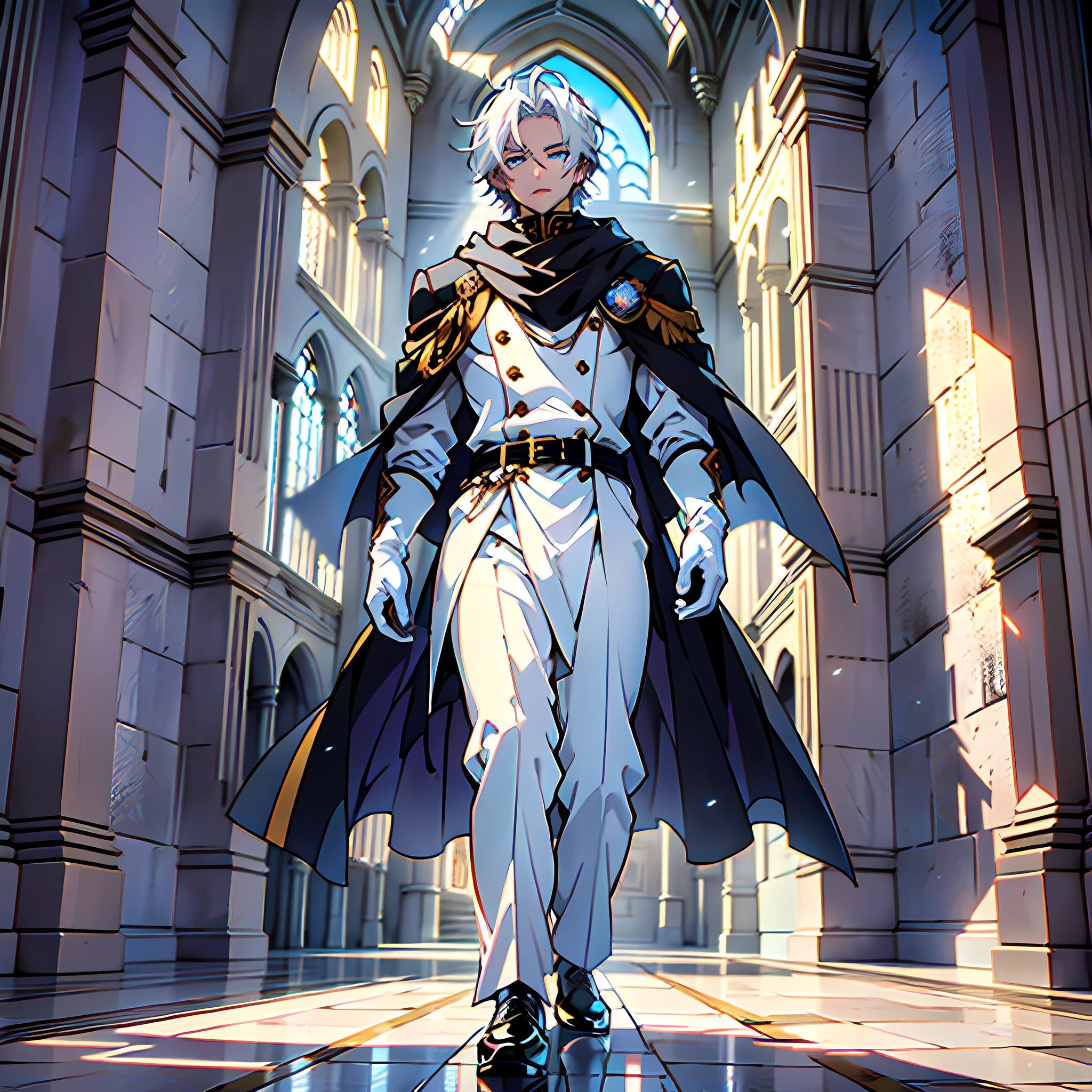 ((Anime art, man with a good physique, mature man)) ((Best quality, masterpiece, best resolution, breathtaking scenery, 4k quality, clear full HD image, high clarity)), ((a character, standing, alone in the scene, facing the viewer)), (knight's outfit, white noble blouse, white noble pants, black dress shoes, cloak with white scarf with black details, white gloves), (light blue eyes, light blue details in the hair, short white hair, expressionless look, pale skin, well-shaped lips), ((interior of a castle, walking through the scene, dawn light through the castle windows))
