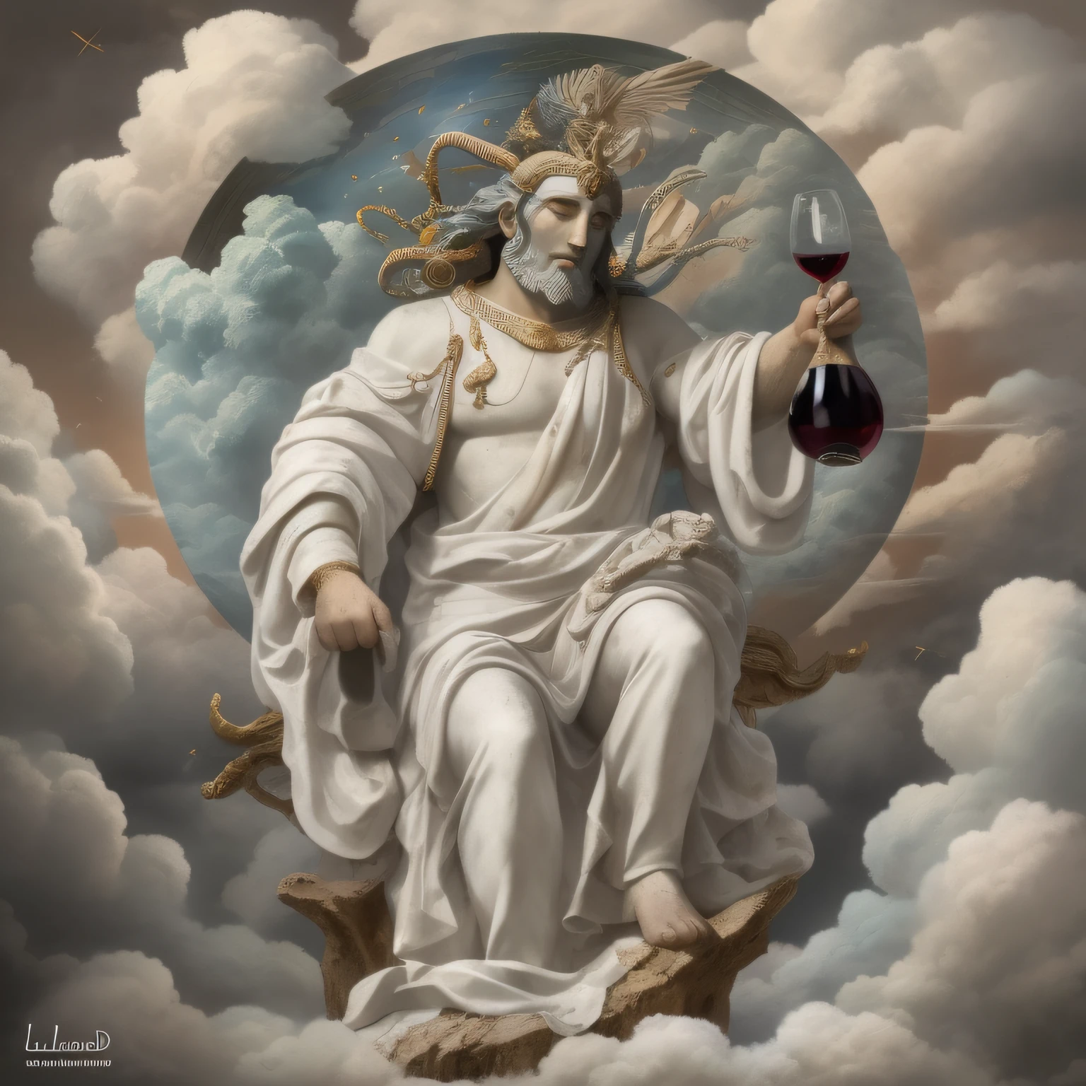 The god of wine descending from heaven amid bright white clouds, figura imponente, mythological setting, cabelo branco, barba branca, vestes longas transpassando o abdome, glass of wine in hand, visto de longe, corpo inteiro.