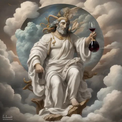 The god of wine descending from heaven amid bright white clouds, figura imponente, mythological setting, cabelo branco, barba br...