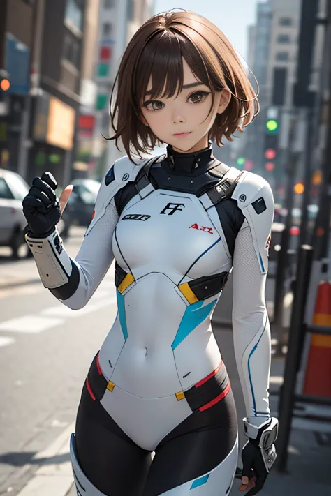 White combat suit with blue pattern, 1 girl, F/1.2, masutepiece, nffsw, Textured skin, high details, Best Quality