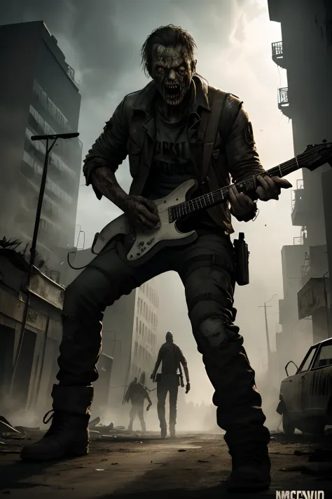 Create a post-apocalyptic style sticker illustration suitable for t-shirt printing. See a zombie in the style of 'The Walking Dead' series playing a rock guitar in front of a Mad Max-style car. Make sure there is no background in the illustration, apenas u...