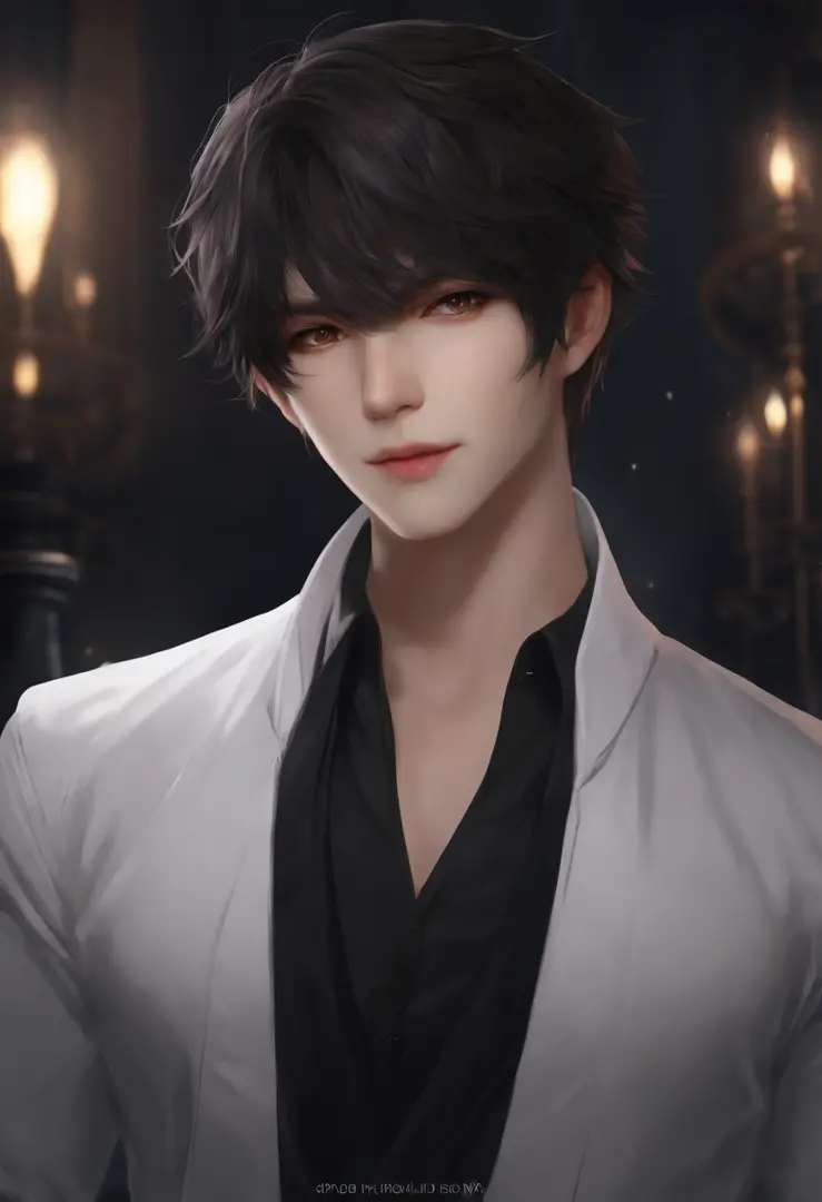 1boy, dark short hair, different color eyes, one demonic eye and one angelic eye, halo, one side horn, a task pointy tooth, 7 color spirits fly around the character, wears simple white shirt and simple black pants, wears a dark overcoat, holding a bo staff...