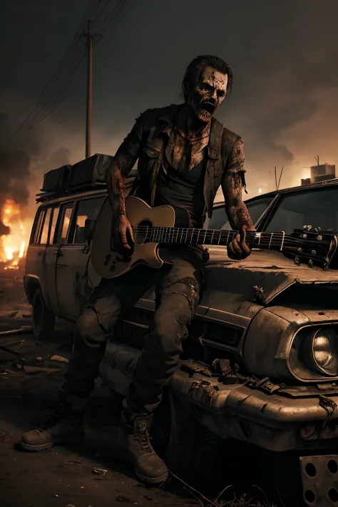 Create a post-apocalyptic style sticker illustration suitable for t-shirt printing. See a zombie in the style of 'The Walking Dead' series playing a rock guitar in front of a Mad Max-style car. Make sure there is no background in the illustration, apenas u...