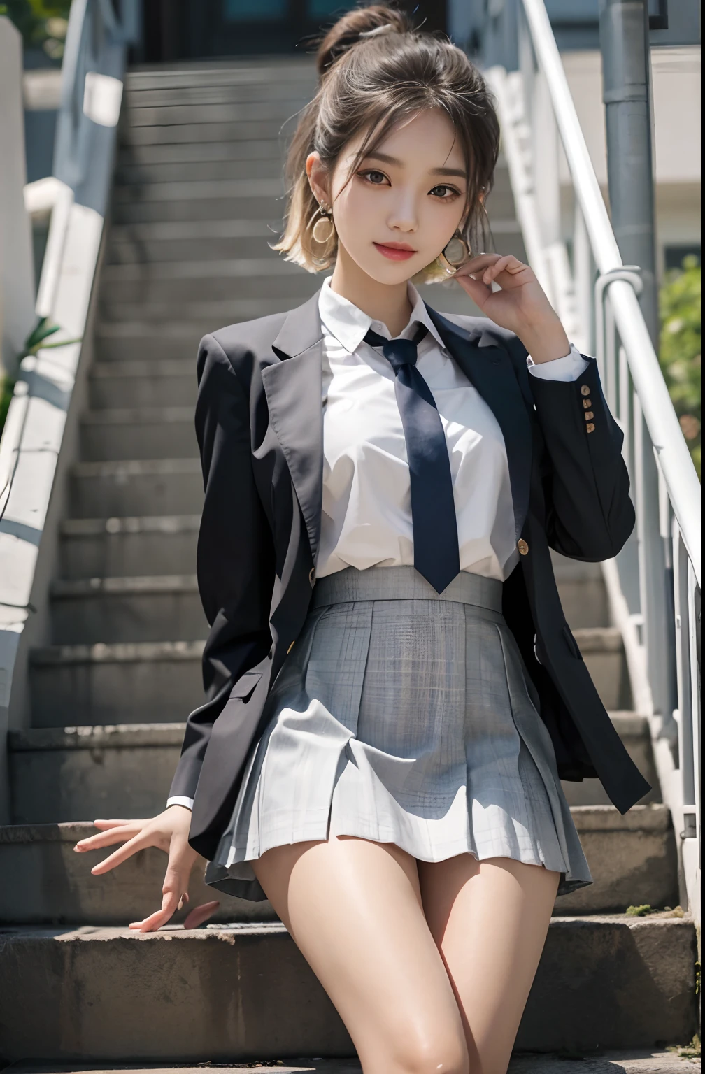 Gray eyes, Korean school uniform, summer school uniform shirt, ribbon tie, skirt, bright blonde, school stairs, going down school stairs, chest thrusting pose, chest bragging pose, 8k raw photo, high resolution, cool Korean at , very big round breasts, beautiful eyes in detail, long eyelashes, beautiful double eyelids, eyeshadow, eyeliner, slender eyes, elongated eye shape, Sanpaku eyes, evil smile, evil look, beautiful very thin legs, beautiful very thin thighs, random medium hair, hair tied behind the head, earrings,