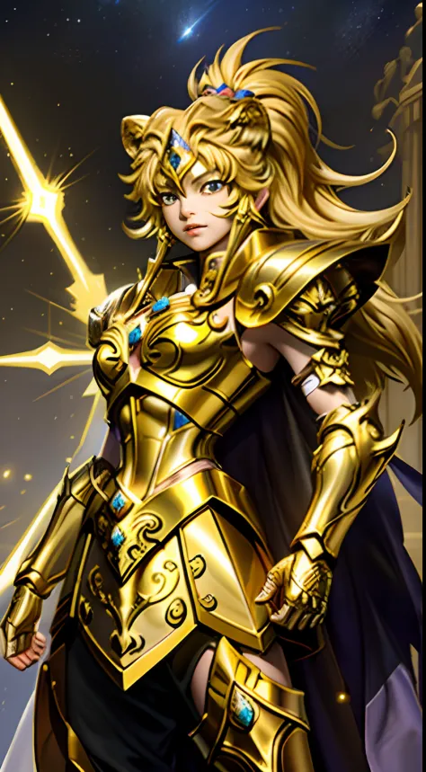 （tmasterpiece）， （best qualtiy）， （1girll）， Girl in golden armor，Saint Seiya's Armor， Cool Pose，Magic Golden Leo Astrolabe，People with yellow hair々，Next to the Lion