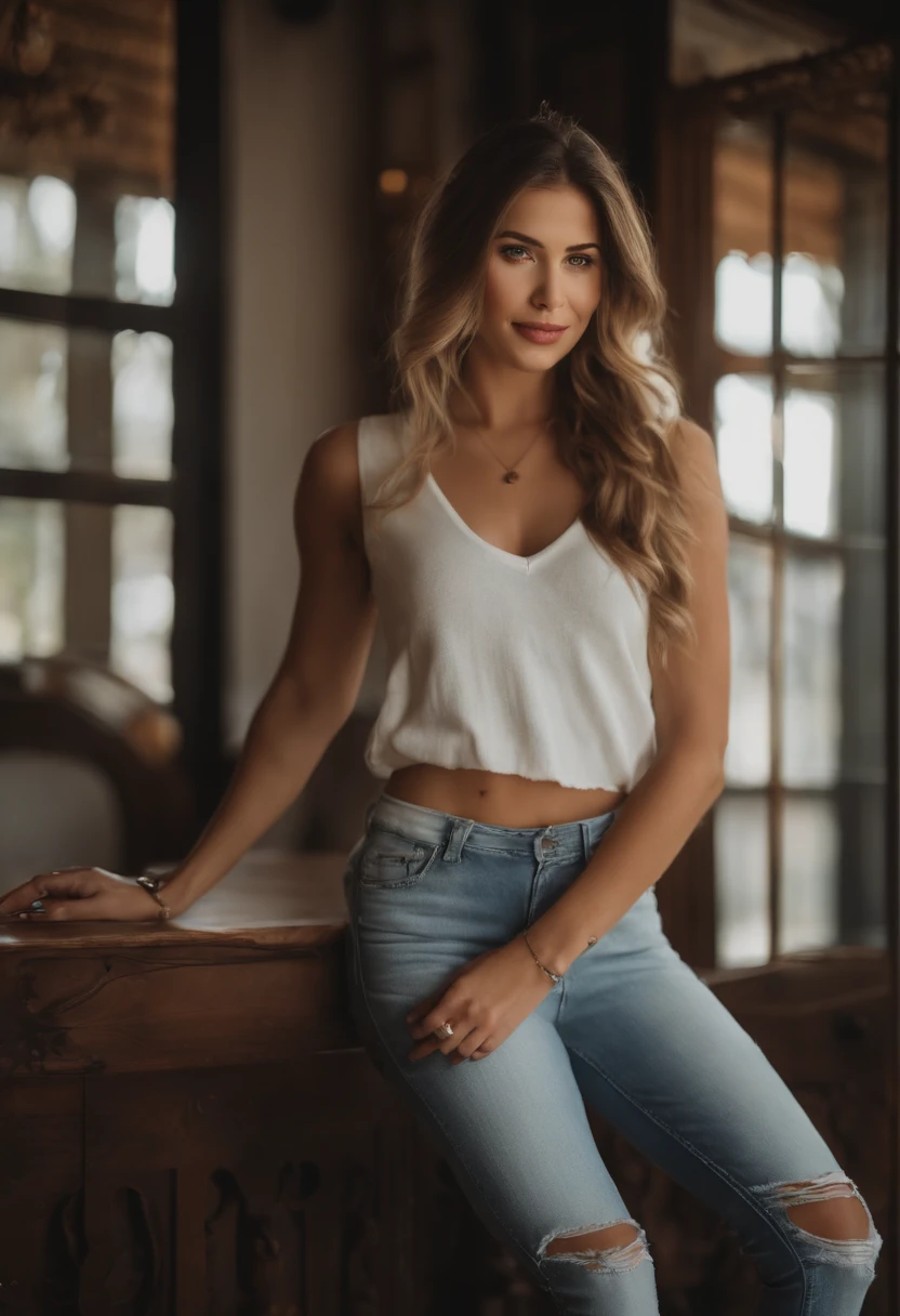 A woman sitting on a wooden bench wearing ripped jeans and a white tank top  - SeaArt AI