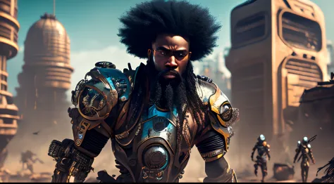 AFRO-ASIATIC, cyberkinetic, cyborg, full beard, dreadlocks futuristic post apocalyptic dystopian background,  absurdres, high re...