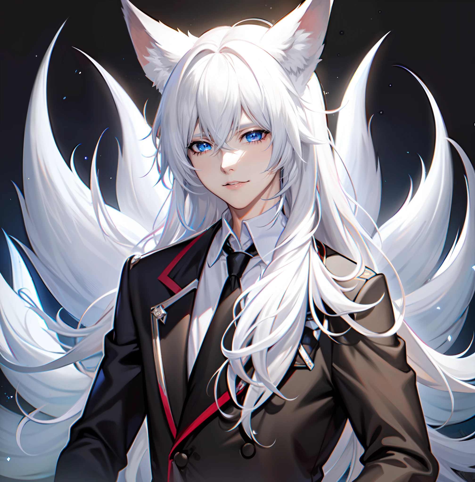 аниме персонаж with white hair and a black jacket and tie, ((детальные  голубые глаза)) беловолосая лиса, белая лиса anime, vampire белая лиса,  белая лиса ears - SeaArt AI