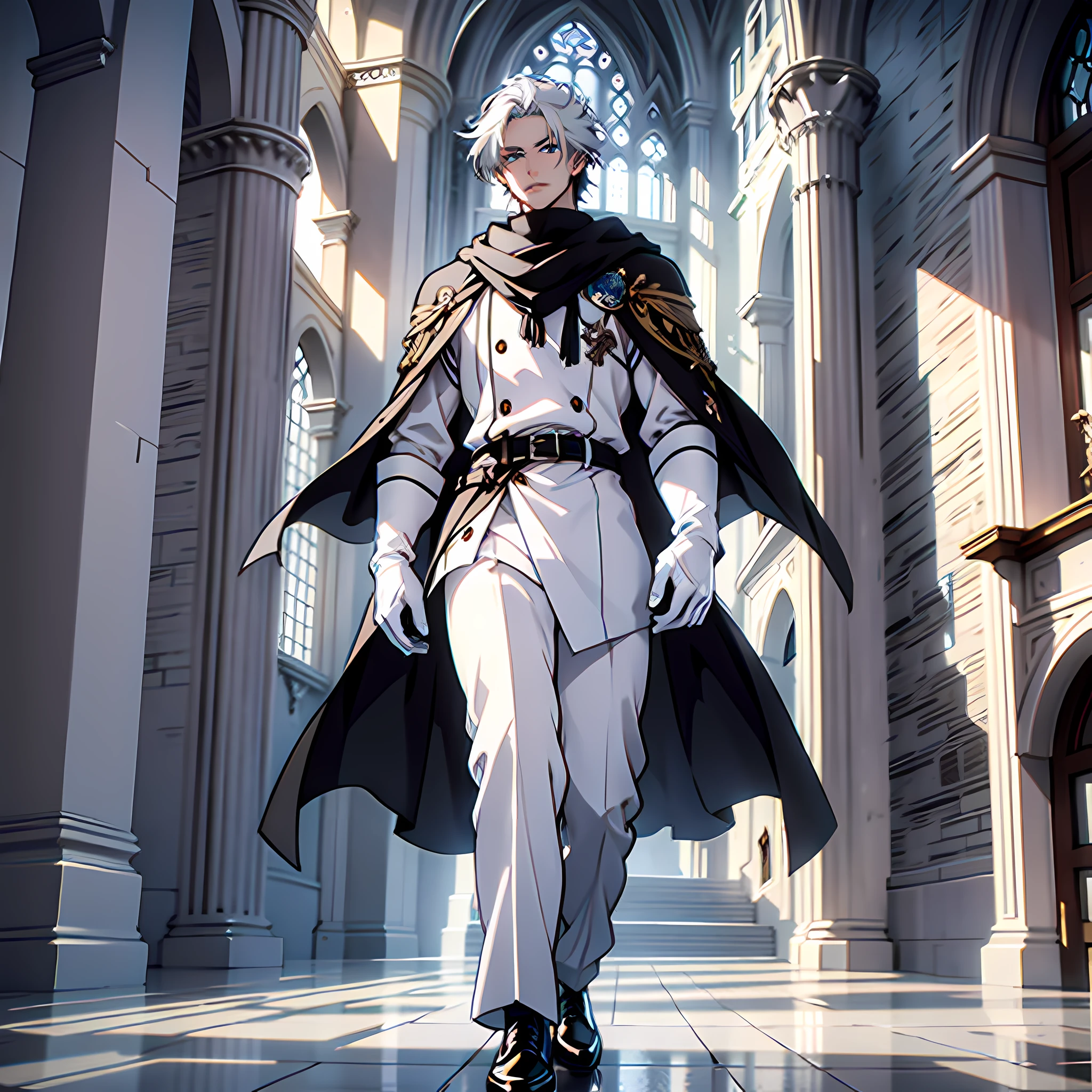 ((Anime art, man with a good physique, mature man)) ((Best quality, masterpiece, best resolution, breathtaking scenery, 4k quality, clear full HD image, high clarity)), ((a character, standing, alone in the scene, facing the viewer)), (knight's outfit, white noble blouse, white noble pants, black dress shoes, cloak with white scarf with black details, white gloves), (light blue eyes, light blue details in the hair, short white hair, expressionless look, pale skin, well-shaped lips), ((interior of a castle, walking through the scene, dawn light through the castle windows))