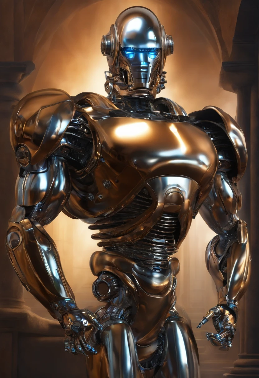 创作一件受鲍里斯·瓦列霍 (Boris Vallejo) 艺术启发的镀铬健美机器人艺术品