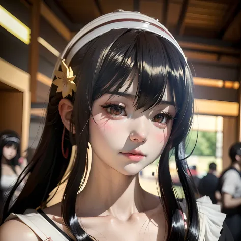 anime girl with long black hair wearing a white shirt and a flower crown, beautiful anime portrait, stunning anime face portrait, beautiful anime girl, kawaii realistic portrait, detailed portrait of anime girl, portrait anime girl, realistic anime 3 d sty...