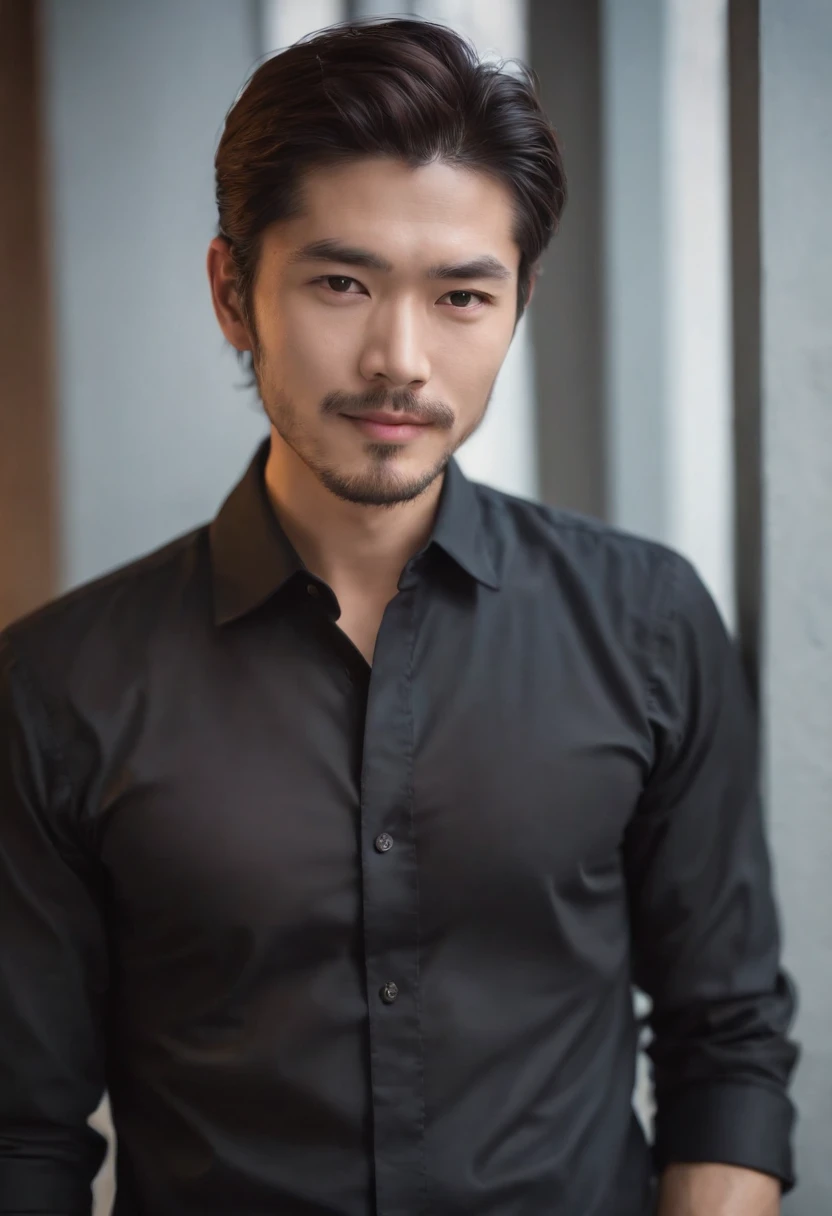 japanes, Gorgeous man in black silk shirt , (beautiful little beard:0.5) , japanes, Sexy Man Executive,a smile,Trendy hairstyles