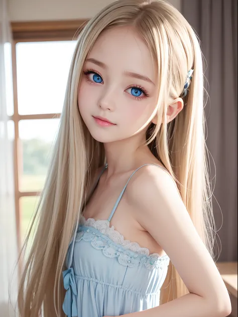 Twin-tailed、Shiny skin、 Very cute and beautiful face、shiny very beautiful skin、Very beautiful and cute sexy pale blue eyes、Beautiful very long shiny silky blonde hair、15 year old little very beautiful cute girl、Beautiful cute bright look、clear double eyeli...