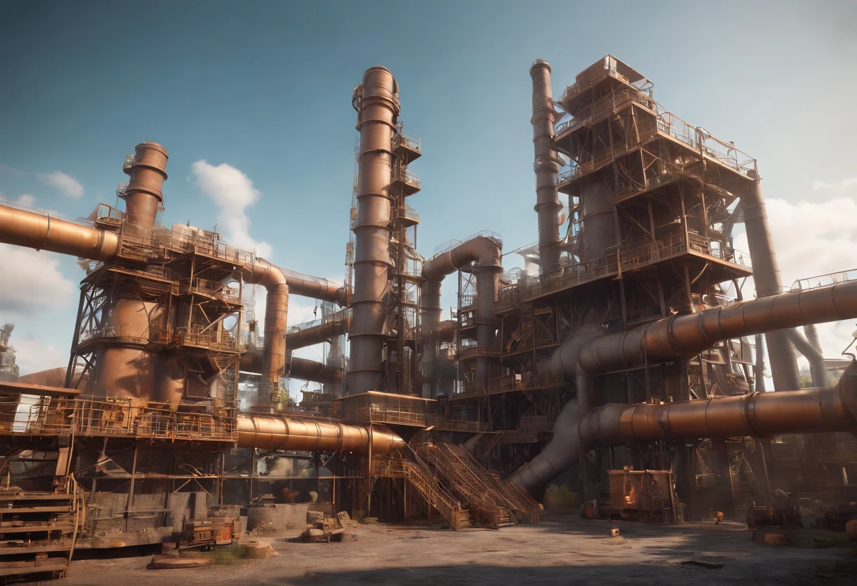 (best quality,4k,8k,highres,masterpiece:1.2),ultra-detailed,(realistic,photorealistic,photo-realistic:1.37),factory,Donkey Kong Country,retro game,3D rendering,industrial,colorful,gritty,dark,imposing,intense,pipes,conveyor belts,jumping platforms,barrels,ladders,mechanical devices,steam,metallic structures,staircases,huge gears,environmental hazards,smokestacks,explosions,construction site,flying sparks,highly saturated colors,moody lighting