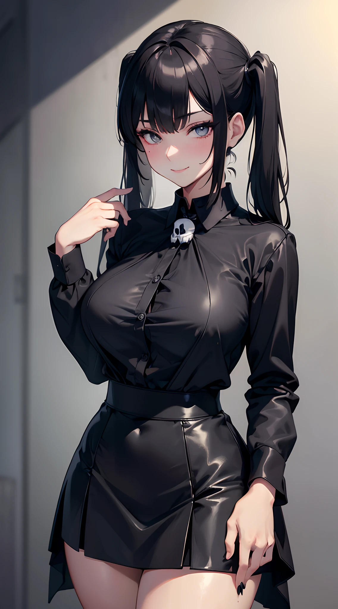 ((Best quality)), ((masterpiece)), (detailed: 1.4), beautiful woman, short black shirt open, short skirt, black hair locks gray, fringe twin tails, black rose, skull, neckline, sweaty, wide square, defined body, body shine, sarcastic smile, dark, black lipstick, ink, (solo), realistic,((masterpiece)), (best quality), (detailed), (1 girl), large breasts, sexy, thicc