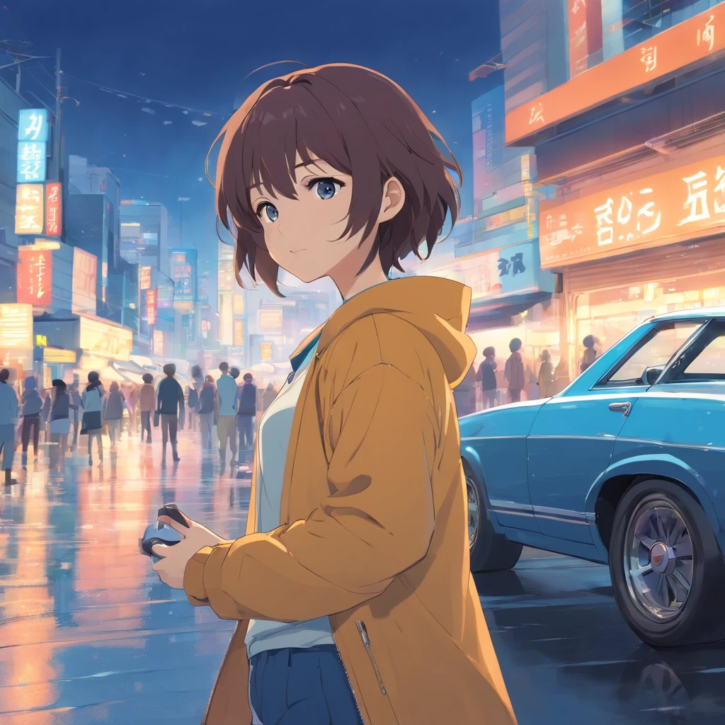 Anime girl walking down the street in the rain with her cell phone - SeaArt  AI