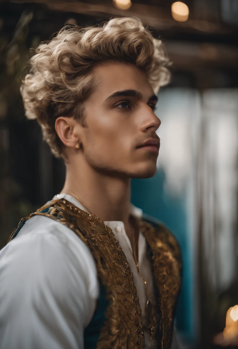 A man with curly hair wearing a vest and a white shirt - SeaArt AI