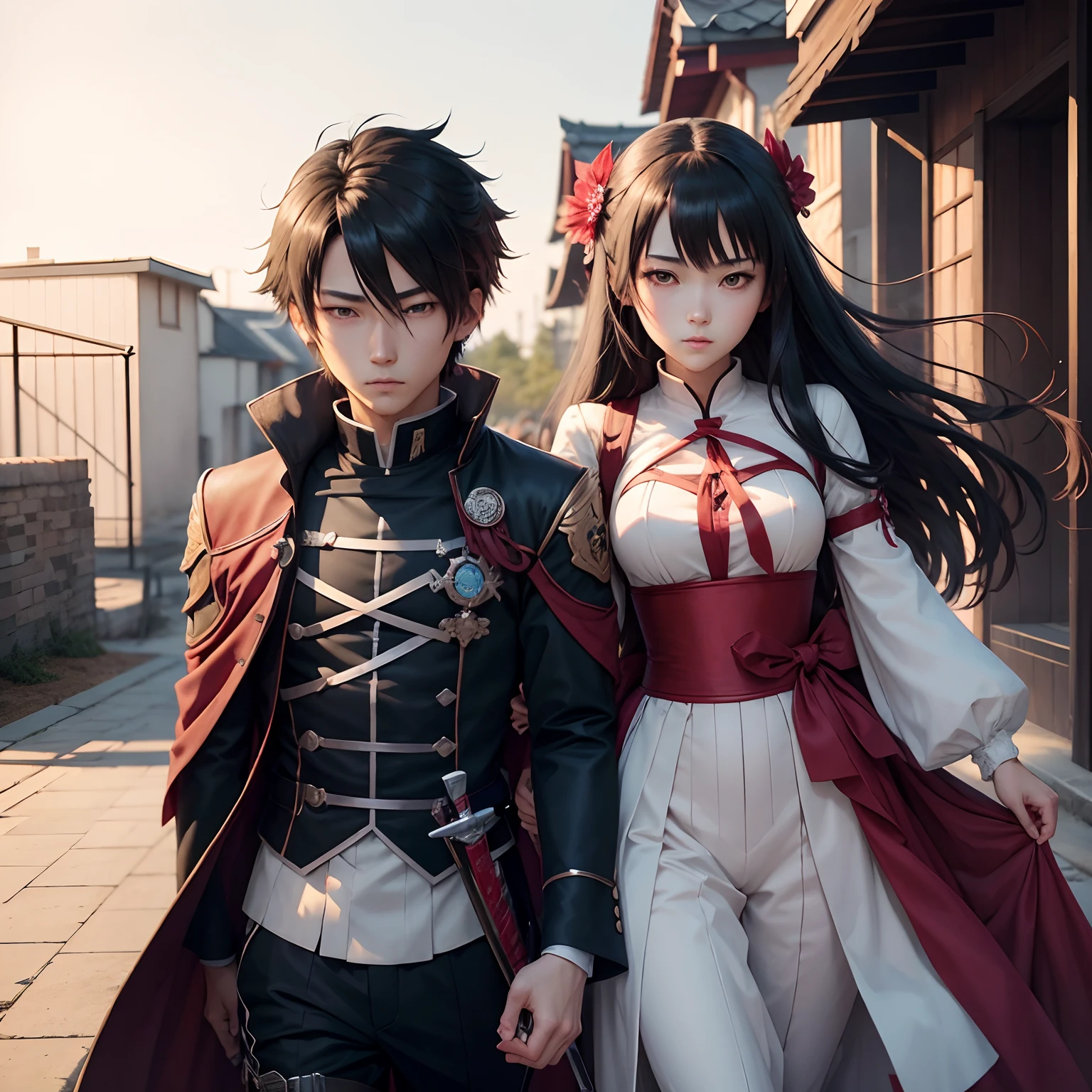 Anime - style couple dressed in costumes walking down a street - SeaArt AI