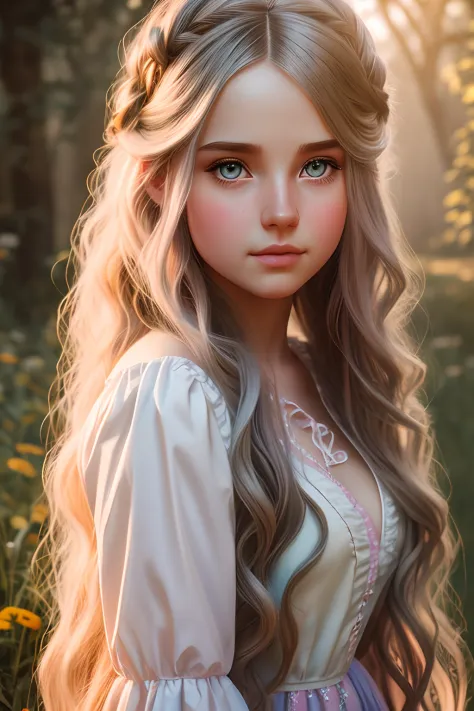 photography image of a cute alice in wonderland young woman, long wavy hair, fantasy, photorealistic, symmetrical face, symmetri...