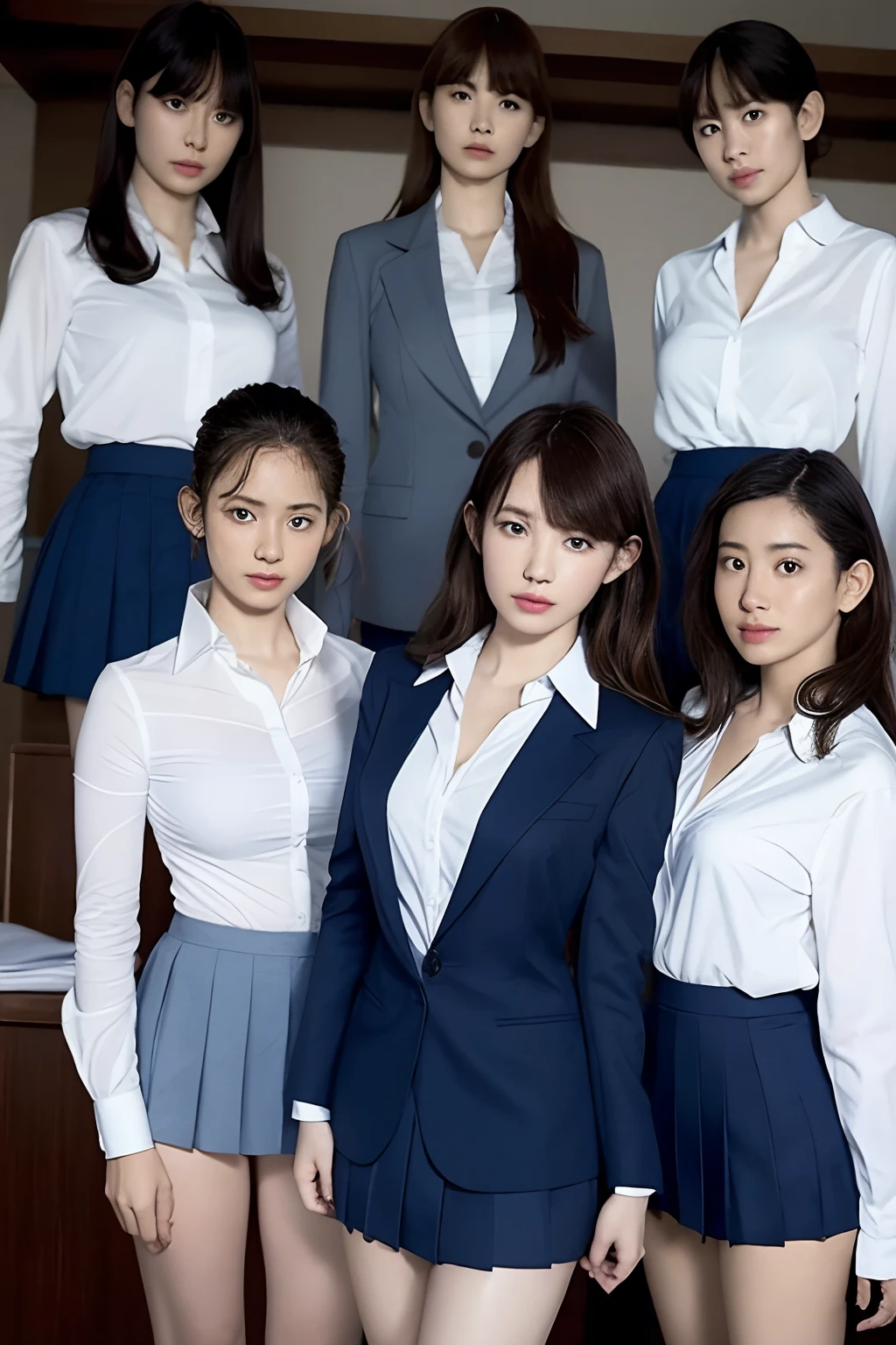 masutepiece, Best Quality, Five girls in the classroom,(5 people standing:1.2),Standing,Teenage, Looking at Viewer,l Group shot, harems,nffsw,full back panties, (pantiy),Realistic,,(Dark blue blazer and white shirt) ,(Dark blue pleated skirt),Blue Ribbon ,(Looking back, ass grab:0.9),(Beautiful eyes:1.3),frombelow,From below,Kinney,(skinny:1.2) ,Slender thighs, Long body, novel illustration,(Smelly eyes:0.5),closed curtains,(shirts lift,lifted by self:1.5) ,Dark Persona.Skirt lift front,