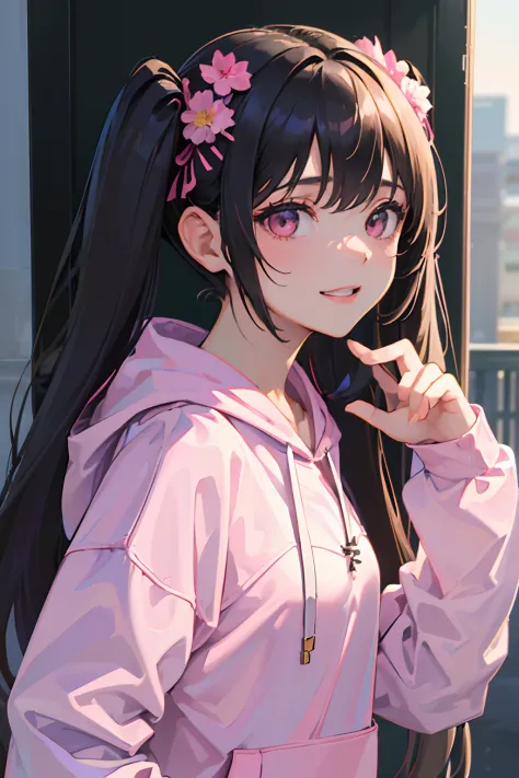 ((masterpiece, best quality)), (1girl), (solo), (female focus), (black hair, twintail),pink eyes,((pink hoodie)), smile, portraits, hand behind body, close up, upper body, crowded city background