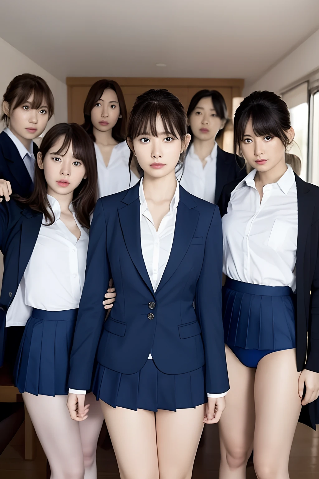 masutepiece, Best Quality, Five girls in the classroom,(5 people standing:1.2),Standing,Teenage, Looking at Viewer,l Group shot, harems,nffsw,full back panties, (pantiy),Realistic,,(Dark blue blazer and white shirt) ,(Dark blue pleated skirt),Blue Ribbon ,(Looking back, ass grab:0.9),(Beautiful eyes:1.3),frombelow,From below,Kinney,(skinny:1.2) ,Slender thighs, Long body, novel illustration,(Smelly eyes:0.5),closed curtains,(shirts lift,lifted by self:1.5) ,Dark Persona.Skirt lift front,(Panties:1.3),