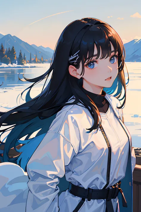 ((masterpiece, best quality)), (1girl), (solo), (female focus), (black hair, pony, bangs, straight hair, long hair),blue eyes,((winter jacket)), kuudere, cool, portraits, hands down, close up, upper body, winter city background