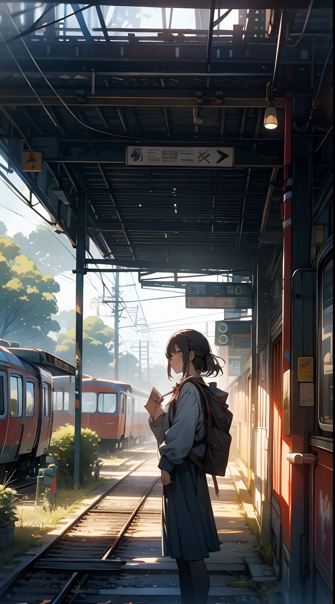 a train station, wires, tains, people, a lake on the side,