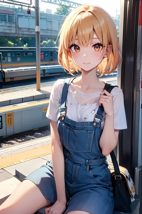 Girl with a nasty appearance:1.3）、(Morning station platform:1.5)、(and chest:1.3)、Raw photography, top-quality, hight resolution,...