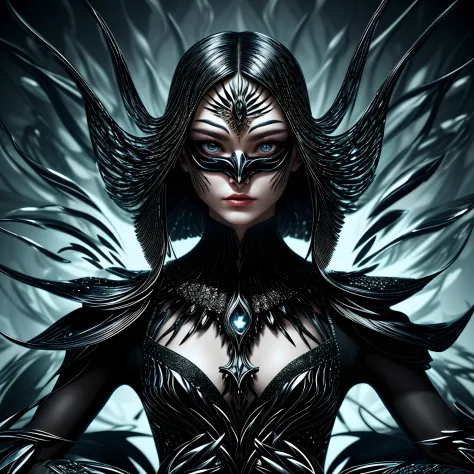 "Create a captivating scene where a stunning woman, her eyes sparkling with intelligence and grace, stands before a mesmerizing display of Ferrofluid. The dual masks she wears, a blend of protection and style, add an intriguing layer to her enigmatic prese...