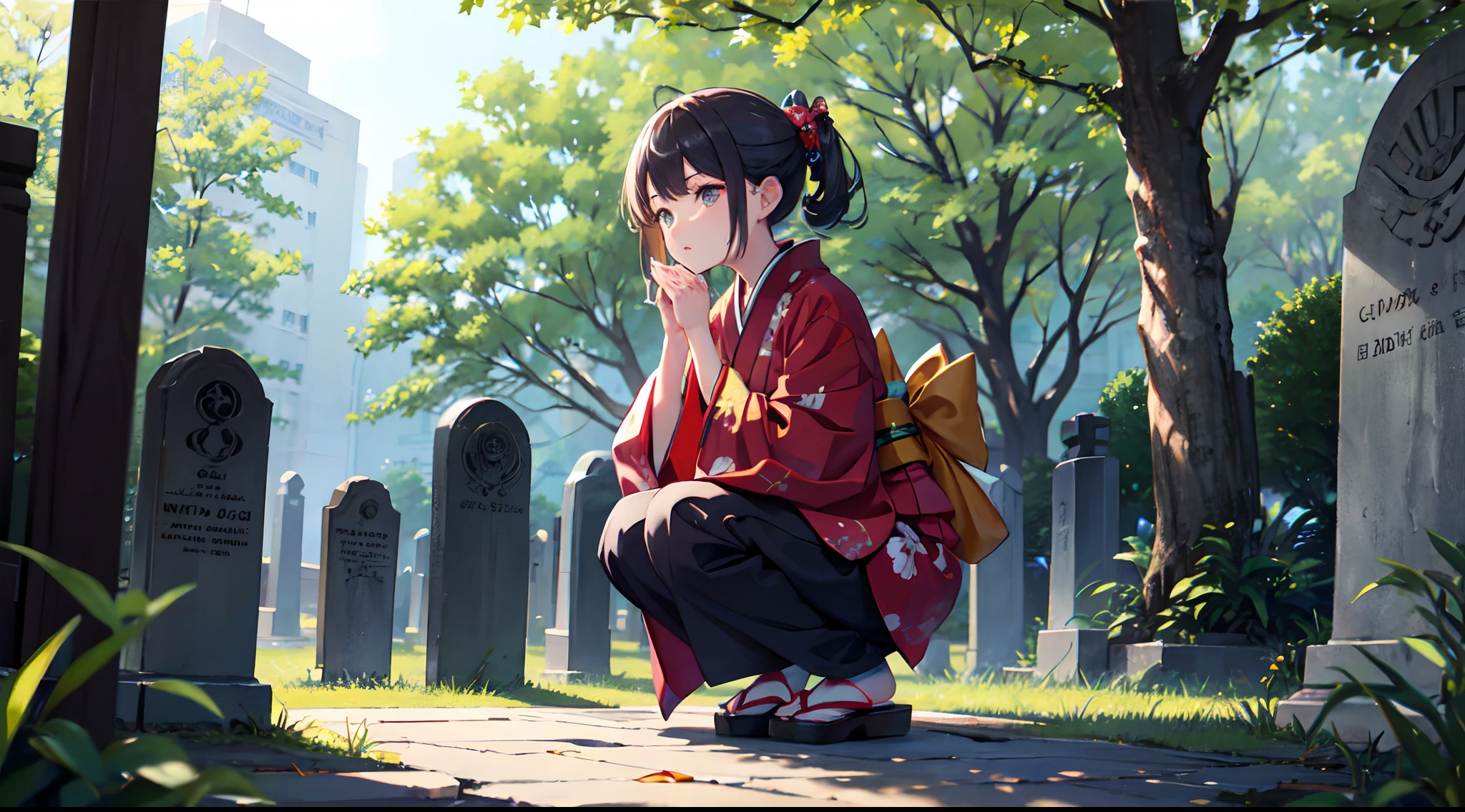 Garota de quimono、Agachamento e mãos juntas、cemitério、O outro lado