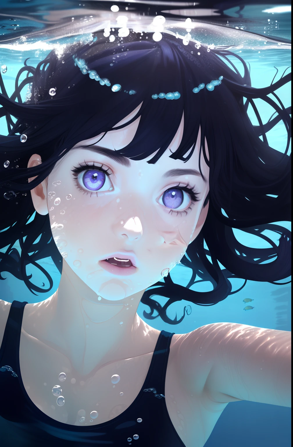 masterpiece, photo realistic, face portrait of 1girl, swimming underwater, white tank top, bare shoulders, beautiful girl face, natural detailed hair movement underwater, air bubbles, vibrant, realistic, dramatic, sharp focus, 8k, Blunt Bangs, purple eyes,long dark blue hair