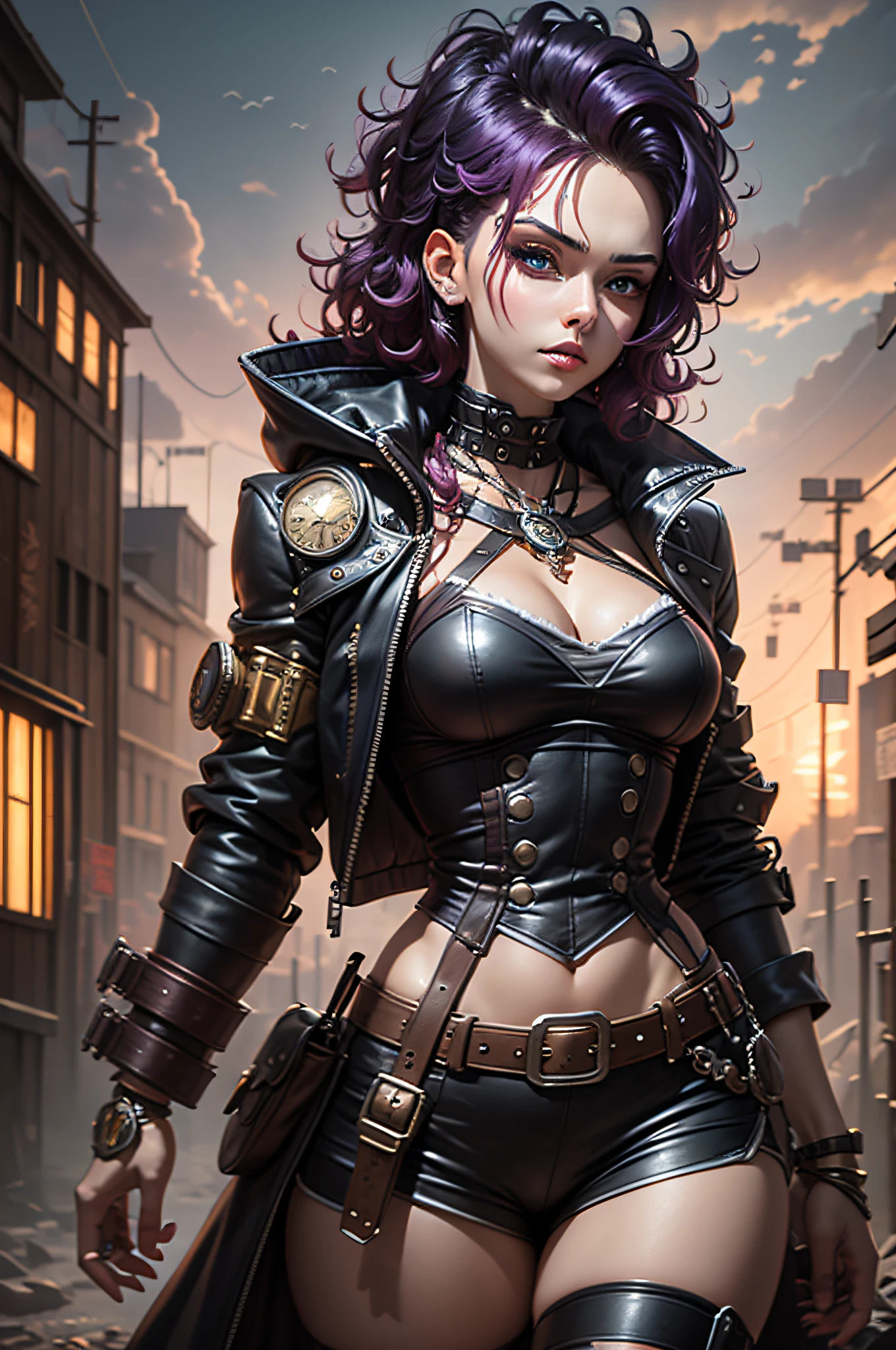 Beautiful Eyed Woman in Steampunk Style、Black coat、Gear and watch decoration、Functional equipment、Equipped with a large mechanical shield、Steampunk-style city、Heavy equipment、