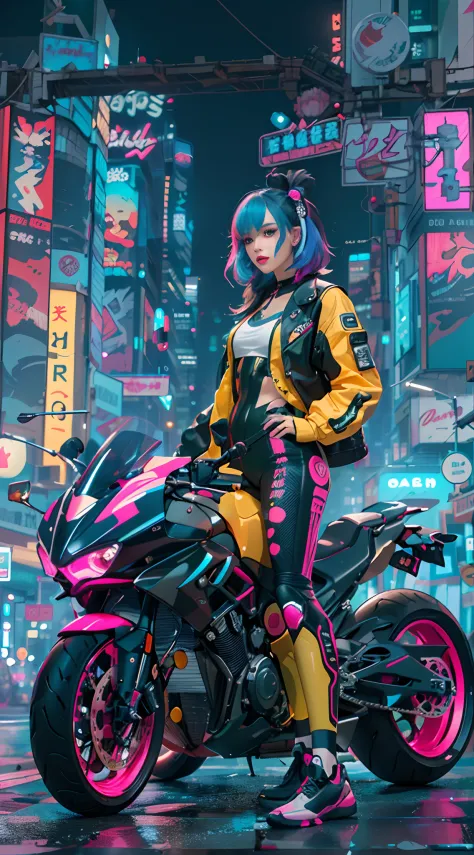 masutepiece, Best Quality, Confident cyberpunk girl, Full body shot, ((Stand in front of the motorcycle)), Pop costumes inspired by Harajuku, Bold colors and patterns, Eye-catching accessories, Trendy and innovative hairstyles, Bright makeup, Cyberpunk daz...
