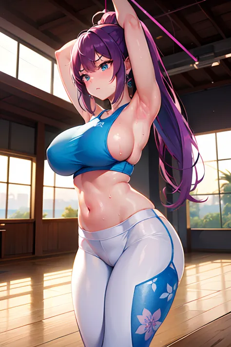 The sunset shines in　fitness gym　yoga mats、full of sweat、Light Blue Fitness Wear　Use English characters、Floral pattern　White leggings、White ankle socks、Navel Ejection、 pinkcolor　Longhair　Hair Retention Pin、wrist watch、Colossal tits　Whip whip、Sapphire Earri...