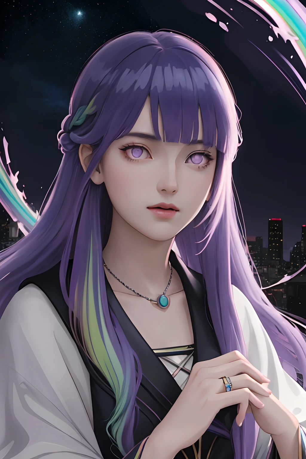 Anime girl with purple hair and a black vest holding a rainbow - SeaArt AI