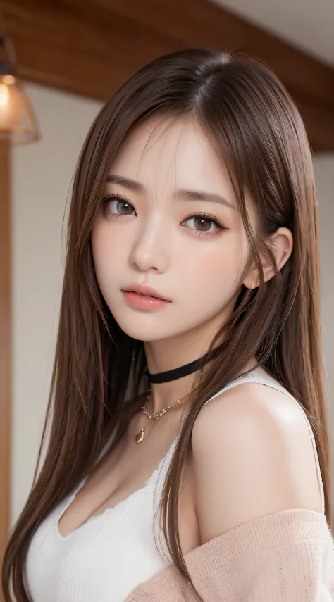 1womanl, (up of face:1.5), light brown hair, Blunt bangs, hair behind ear, hair over shoulder, Long hair, Ultra Fine Face, Thin face, Delicate lips, (beautidful eyes:1.5), thin blush, eyes are light brown,View here, Ultra-thin hands, Ultra-fine fingers, be...