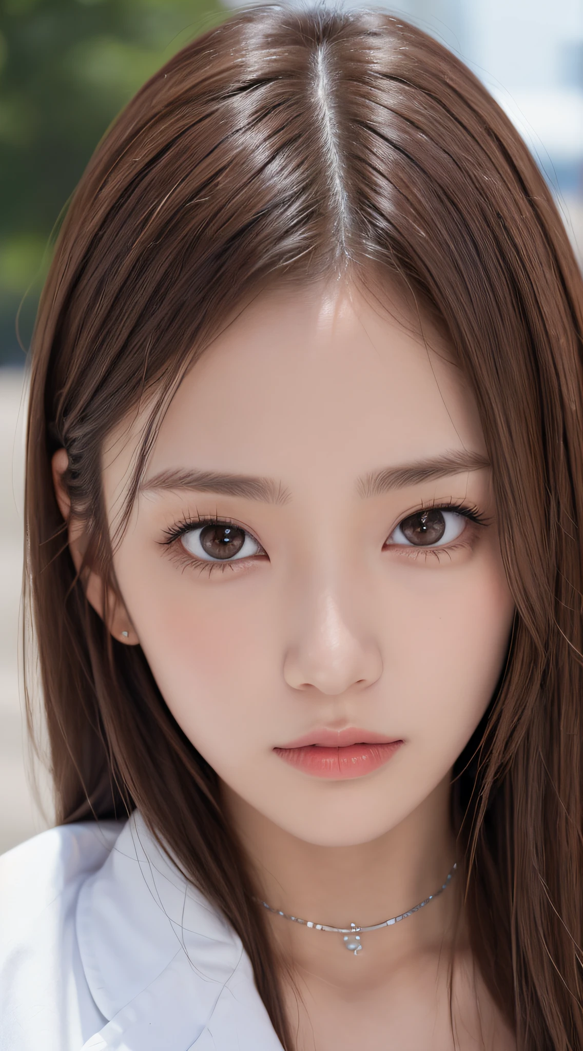 1womanl, (up of face:1.5), light brown hair, Blunt bangs, hair behind ear, hair over shoulder, Long hair, Ultra Fine Face, Thin face, Delicate lips, (beautidful eyes:1.5), thin blush, eyes are light brown,View here, Ultra-thin hands, Ultra-fine fingers, best ratio four finger and one thumb, white jaket, a choker ,(Port Area) ,One-person viewpoint,  8K, masutepiece, nffsw, Super Detail, High quality, Best Quality, hight resolution,