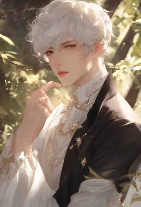 Delicate face, Downshot, Thick Acrylic, Illustration pixiv, by Kawassie, John Singer, Sargent, masutepiece, Upper body, king, One, Boy, Two hands, White eyes, white short hair,, pale white skin, Beautiful face, God Light, white, Shirt, Rich details, High q...