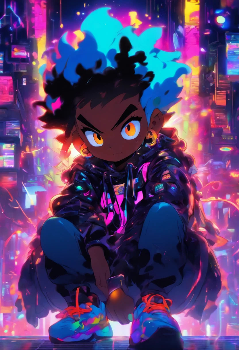 pixarstyle Monster Boy, Caramel Brown skin Black boy moor, Bald Hairstyle, Streetwear, Full Slime Body, colors neon, risa loca, malvada ,A digital window floating in cyber space and an operator woman sitting on a chair floating in space, operating the window floating around her. A beautiful face and brightly colored shining eyes. She wears a fancy hoodie with a hood and headphones. The lights of the digital window faintly illuminate the dark electronic space. The painting is detailed and well-drawn. Vivid colors. High image quality.