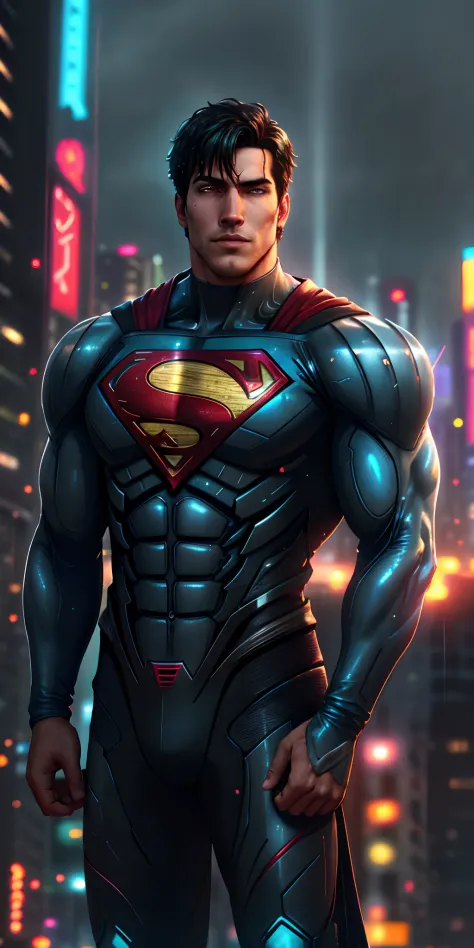 Superman high-tech fica imponente em uma cidade cyberpunk chovendo. Neon highlights your muscles, chuva e cicatrizes. The scener...